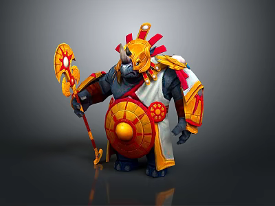 Rhino Headed Fantasy Warrior Game Character In Gold Red Armor With Shield And Mace 3d model