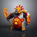 Rhino Headed Fantasy Warrior Game Character In Gold Red Armor With Shield And Mace