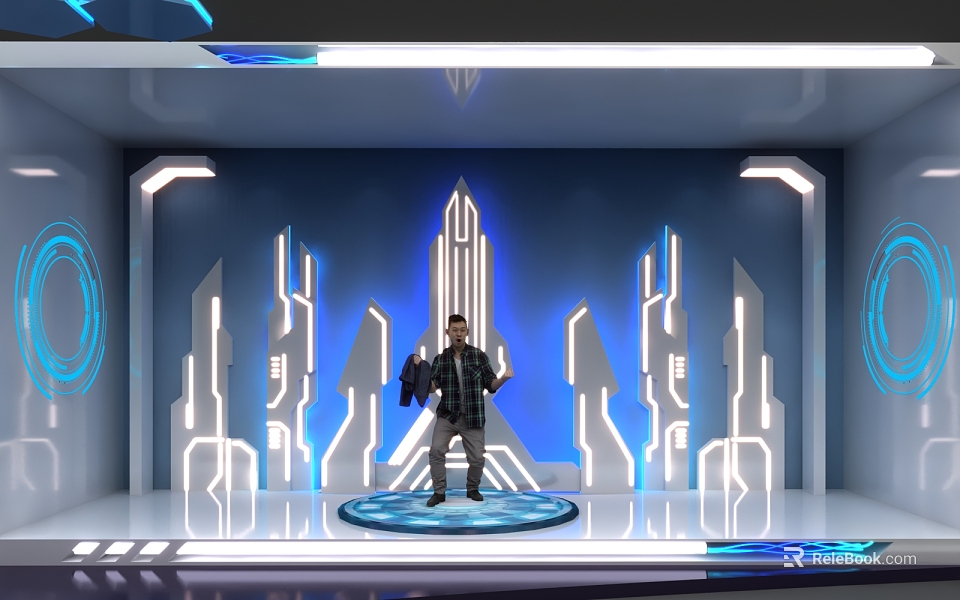Futuristic Showcase Design With Blue White Lighting Geometric Decorations And Person Standing 3d model 