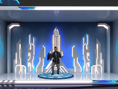 Futuristic Showcase Design With Blue White Lighting Geometric Decorations And Person Standing 3d model