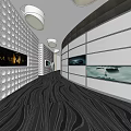 Elevator Hallway Design With Circular Patterned Walls Dark Textured Flooring And Round Ceiling Lights 3d model