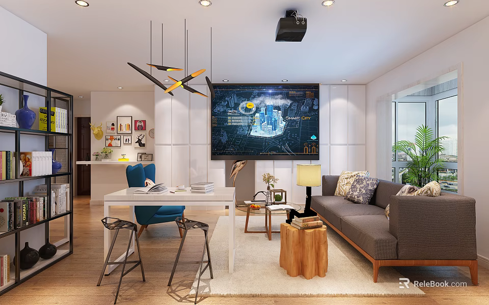 Modern Public Office Space Interior With Large Screen Sofa Green Plant And Hanging Lights 3d model 