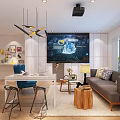 Modern Public Office Space Interior With Large Screen Sofa Green Plant And Hanging Lights