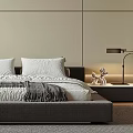 Modern Bedroom Interior With Neutral Tones Bed Nightstand Chair And Bookshelf