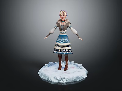 Female Character In Blue White Patterned Dress Standing On Ice Snow Platform 3d model