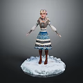 Female Character In Blue White Patterned Dress Standing On Ice Snow Platform