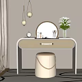 Elegant Modern Dressing Table with Round Mirror Cosmetics Flower Vase Hanging Lights and Stool