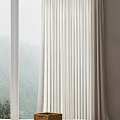 White Curtains by Floor to Ceiling Windows with Mountain View Black Figurine Pendant Lamp