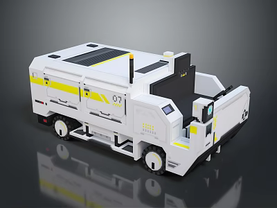 Modern White Utility Vehicle With Yellow Stripes Solar Panels OT Logo And 2023 Design 3d model