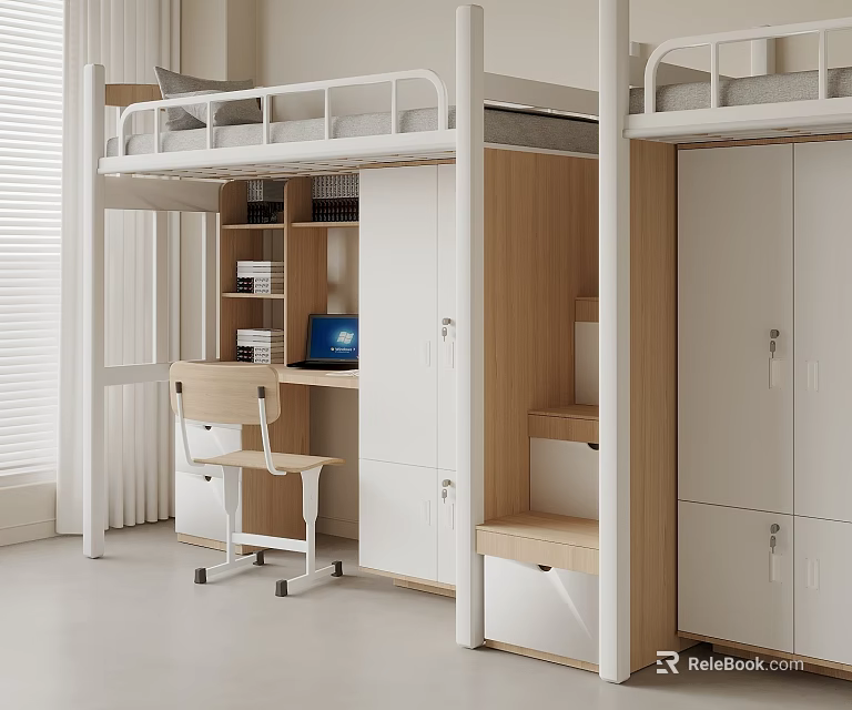 Modern School Dormitory With Bunk Bed Desk Chair And Storage Cabinets 3d model 