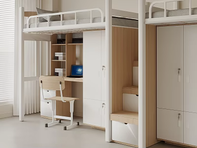 Modern School Dormitory With Bunk Bed Desk Chair And Storage Cabinets 3d model