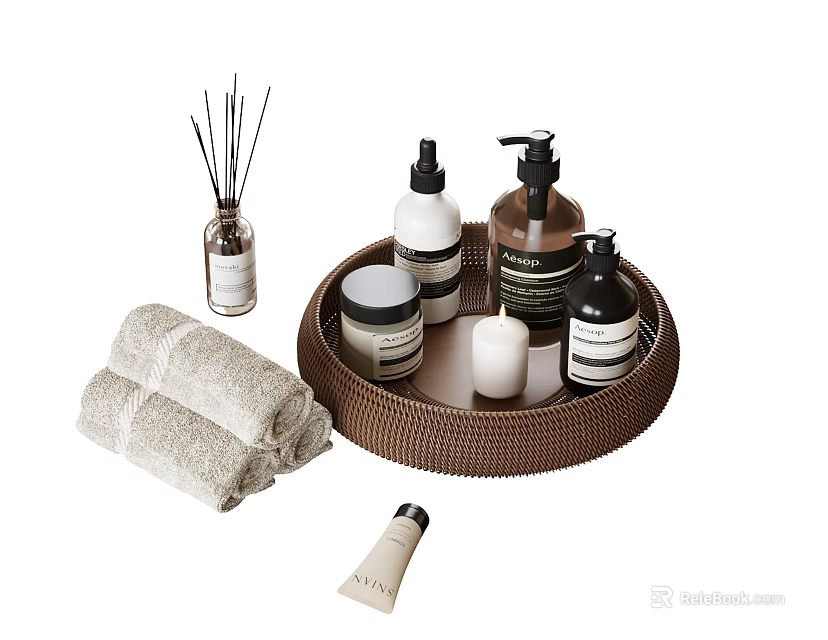 Daily Washing Essentials With Wicker Tray Skincare Bottles Towels Candle And Fragrance Sticks 3d model 