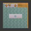 Small Kitchen Interior With Orange Counter Blackboard Menu Colorful Bowls Shelves And Blue Tiled Floor