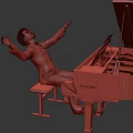 Man in white clothing sitting at black PALMGIN piano with arms outstretched