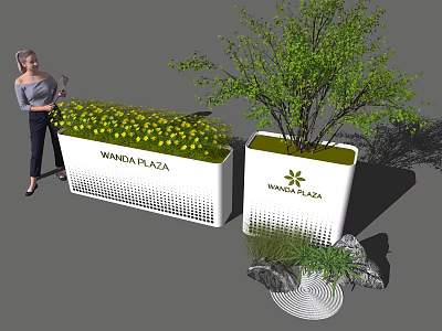 Wanda Plaza Flower Pots Display Yellow Flowers And Tree For Outdoor Decoration 3d model