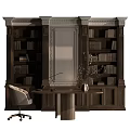 Elegant Study Room Interior With Dark Wooden Bookshelves Round Desk Mirror And Comfortable Chair