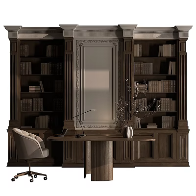 Elegant Study Room Interior With Dark Wooden Bookshelves Round Desk Mirror And Comfortable Chair 3d model