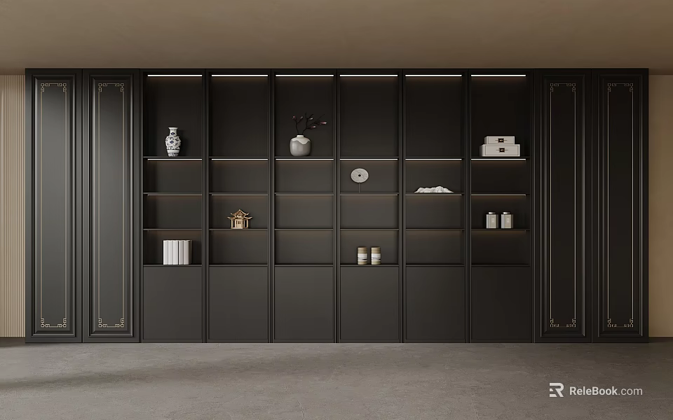 Elegant Modern Dark Tea Cabinet with Shelves Vases Clock Books and Jars 3d model 