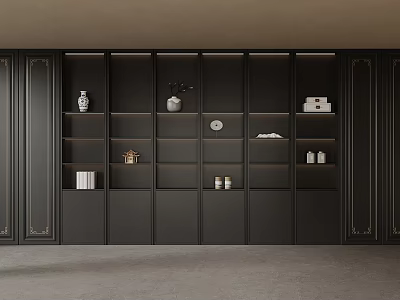 Elegant Modern Dark Tea Cabinet with Shelves Vases Clock Books and Jars 3d model