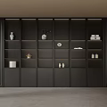 Elegant Modern Dark Tea Cabinet with Shelves Vases Clock Books and Jars