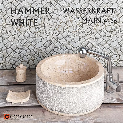 Natural Stone Textured Wash Basin With Silver Faucet And Mosaic Tile Wall Background 3d model