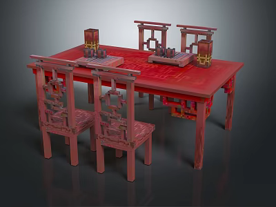 Chinese traditional red table and chair set with carved chairs and decorative tabletop items 3d model