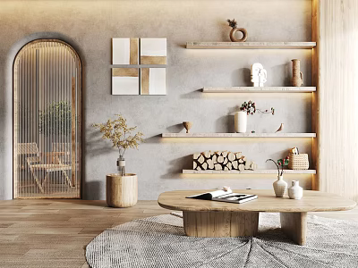 Modern Minimalist Living Room Decor With Decorative Ornament Combination Wooden Shelves Potted Plant And Artwork 3d model