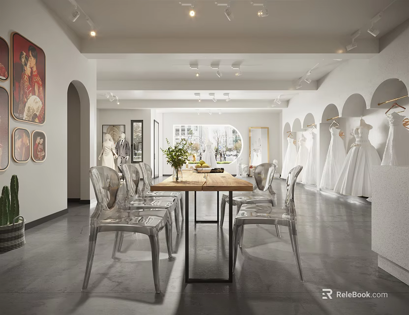 Elegant Bridal Shop Interior With Wedding Dresses Display Tables Chairs Fresh Flowers And Lighting 3d model 