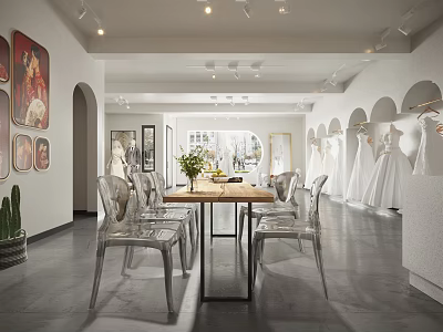 Elegant Bridal Shop Interior With Wedding Dresses Display Tables Chairs Fresh Flowers And Lighting 3d model
