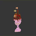 Elegant Golden Decorative Sailboat Model with Flags Gemstone Accents and Crystal Base