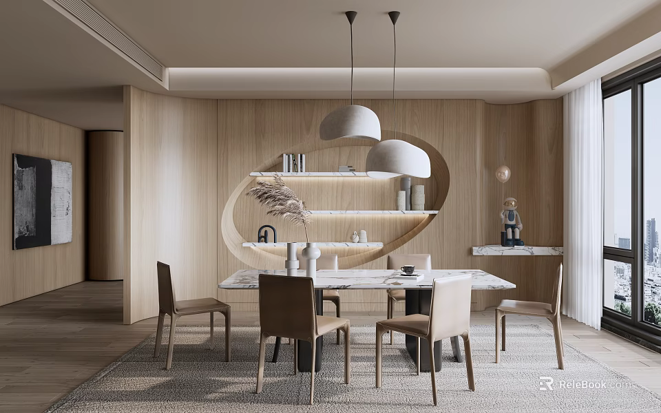 Modern Restaurant Interior With Wooden Walls Round Shelves And Marble Dining Table 3d model 