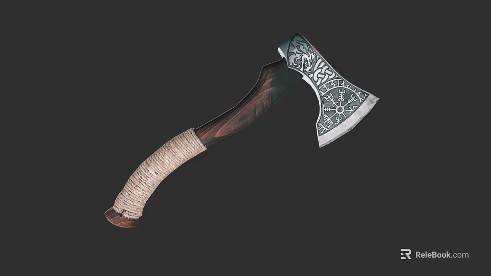 Decorative Battle Axe With Wooden Handle Rope Wrap And Intricate Carved Metal Head 3d model 