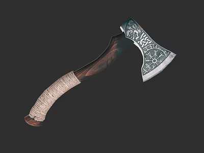 Decorative Battle Axe With Wooden Handle Rope Wrap And Intricate Carved Metal Head 3d model