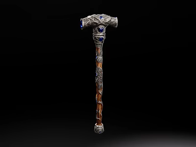 Decorative Ornament Set Featuring Elegant Cane With Metal Accents Blue Gemstones And Carved Wooden Shaft 3d model