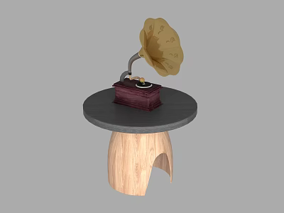 Vintage Gramophone On Round Wooden Table With Black Surface And Golden Horn 3d model