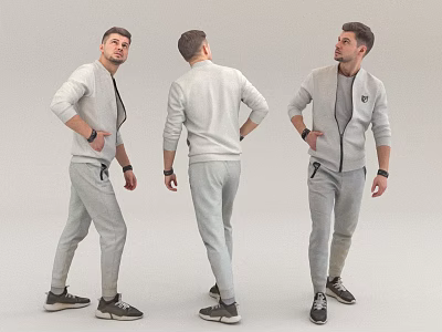 Man in Gray Tracksuit with Zipper Jacket and Sweatpants Posing in Three Angles with Sneakers 3d model