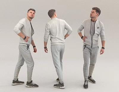 Man in Gray Tracksuit with Zipper Jacket and Sweatpants Posing in Three Angles with Sneakers 3d model
