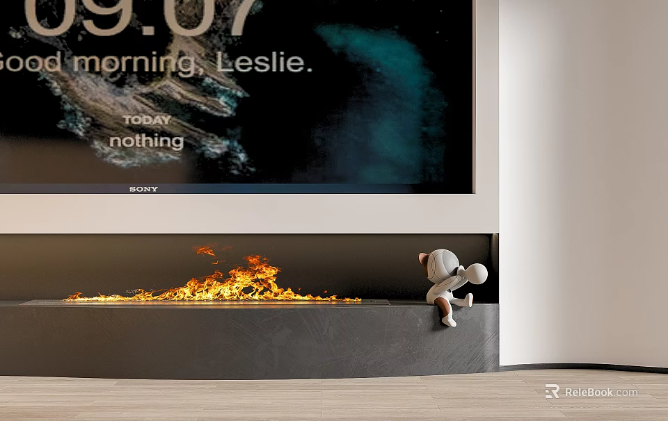 Modern Fireplace With Burning Flames And Small Decorative Figure Sitting On Edge 3d model 