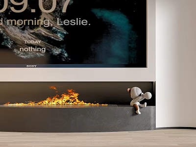 Modern Fireplace With Burning Flames And Small Decorative Figure Sitting On Edge 3d model