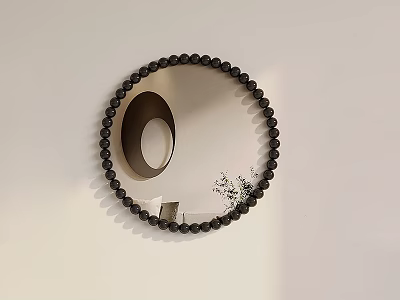Round Mirror with Black Beaded Frame on White Wall Reflecting Circular Object and Plant 3d model