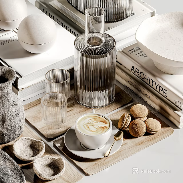Elegant Decorative Ornament Set With Transparent Glassware Wooden Tray Coffee Cup Macarons And Books 3d model 