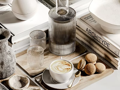 Elegant Decorative Ornament Set With Transparent Glassware Wooden Tray Coffee Cup Macarons And Books 3d model