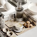 Elegant Decorative Ornament Set With Transparent Glassware Wooden Tray Coffee Cup Macarons And Books