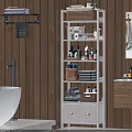 White Bathroom Storage Shelf With Towels Baskets Toiletries In Wooden Wall Bathroom And Natural Light