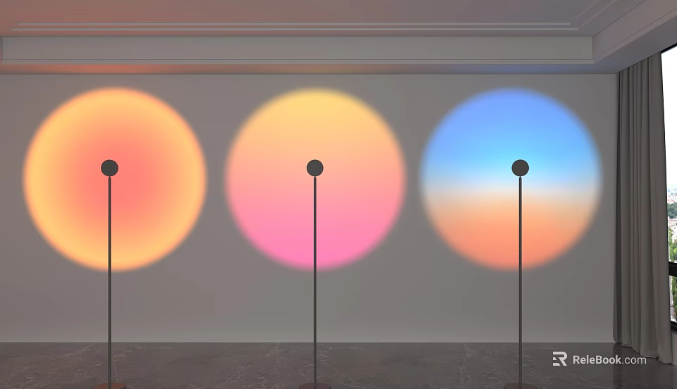 Three Floor Lamps With Colored Circular Light Projections On White Wall 3d model 