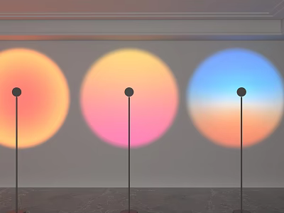 Three Floor Lamps With Colored Circular Light Projections On White Wall 3d model