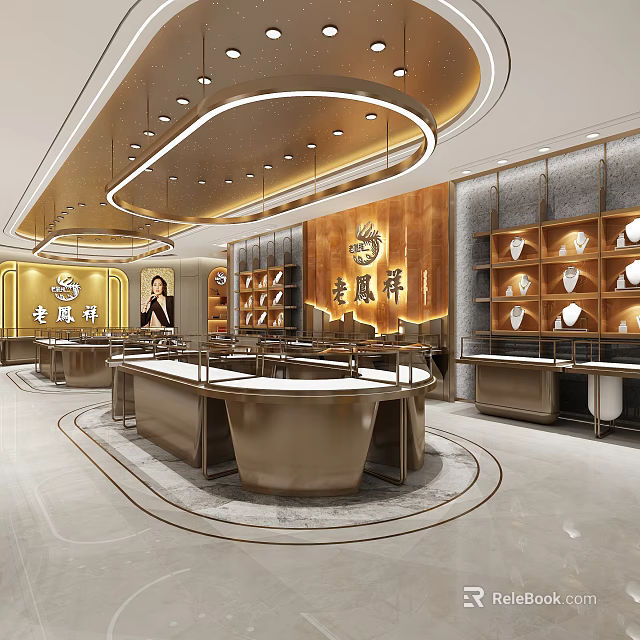Modern Luxury Jewelry Store Interior With Circular Display Counters And Gold Decor 3d model 