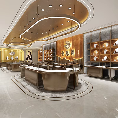 Modern Luxury Jewelry Store Interior With Circular Display Counters And Gold Decor 3d model