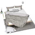 Modern Minimalist Double Bed With Wooden Frame Gray Blanket Pillows Plush Bear Pendant Light