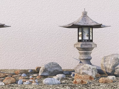 Traditional Japanese Style Outdoor Stone Lantern with Garden Stones and Dry Grass 3d model